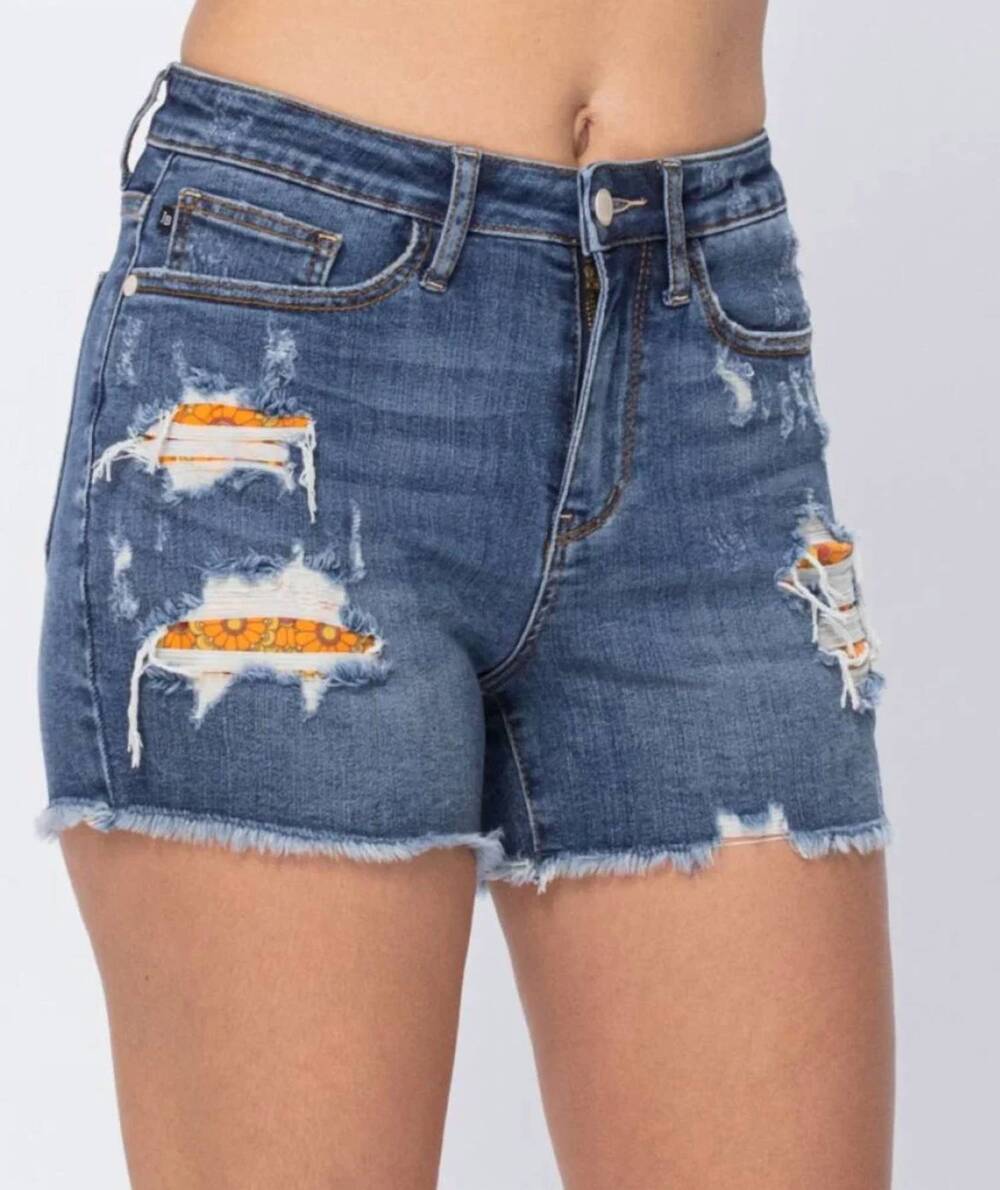 NEW JUDY BLUE high-rise printed pocket lining cutoff shorts in dark blue